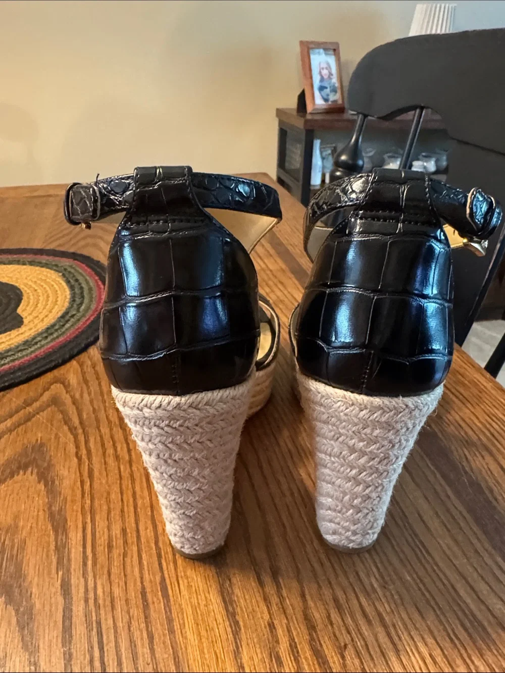 MICHAEL Michael Kors Black Croc-Embossed Espadrille Wedge Sandals